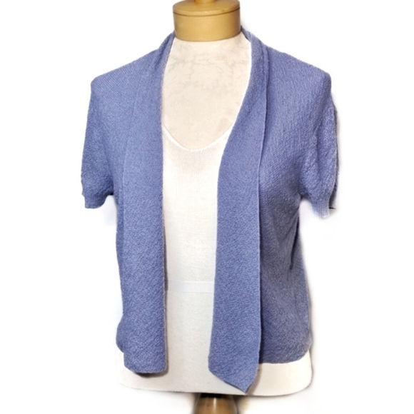 Eileen Fisher 100% Wool Periwinkle Purple Open Cardigan Short Sleeve Knit Size M - Picture 2 of 15